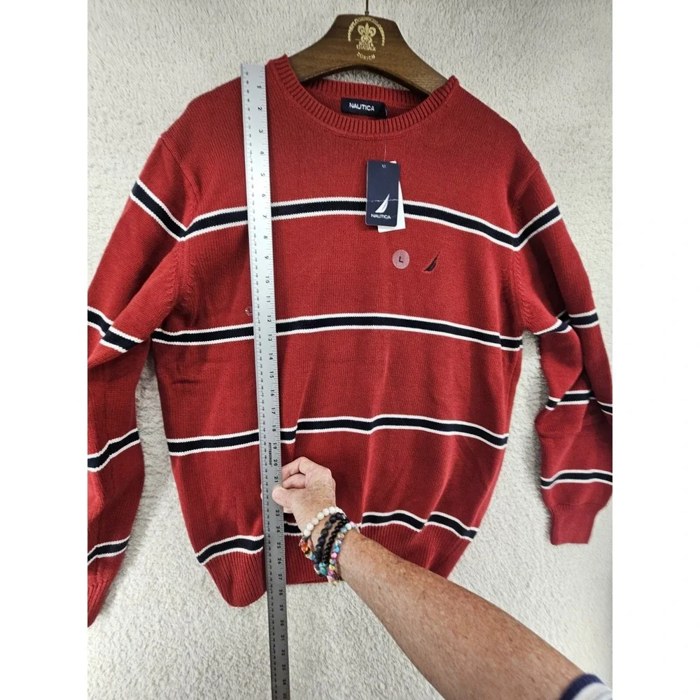 New Nautica Mens Large Red Striped Long Sleeve Sweater Pullover Crewneck